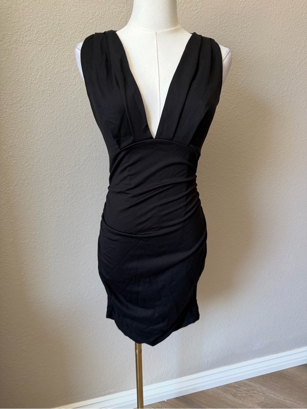 NWOT Classic Black V-Neck Ruched Mini Dress, Small - Picture 5 of 8